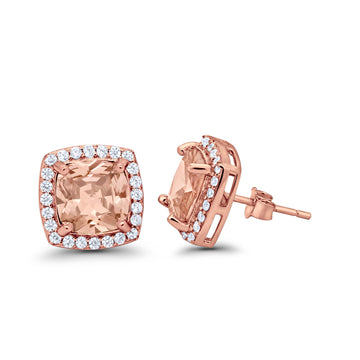 Halo Cushion Bridal Earrings Rose Tone, Simulated Morganite CZ 925 Sterling Silver